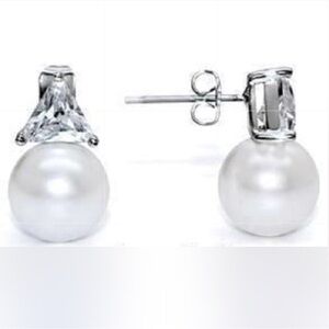 Trilliant Cut Trillion Cz Diamond Pearl Dangle Drop Stud statement Earrings HSN